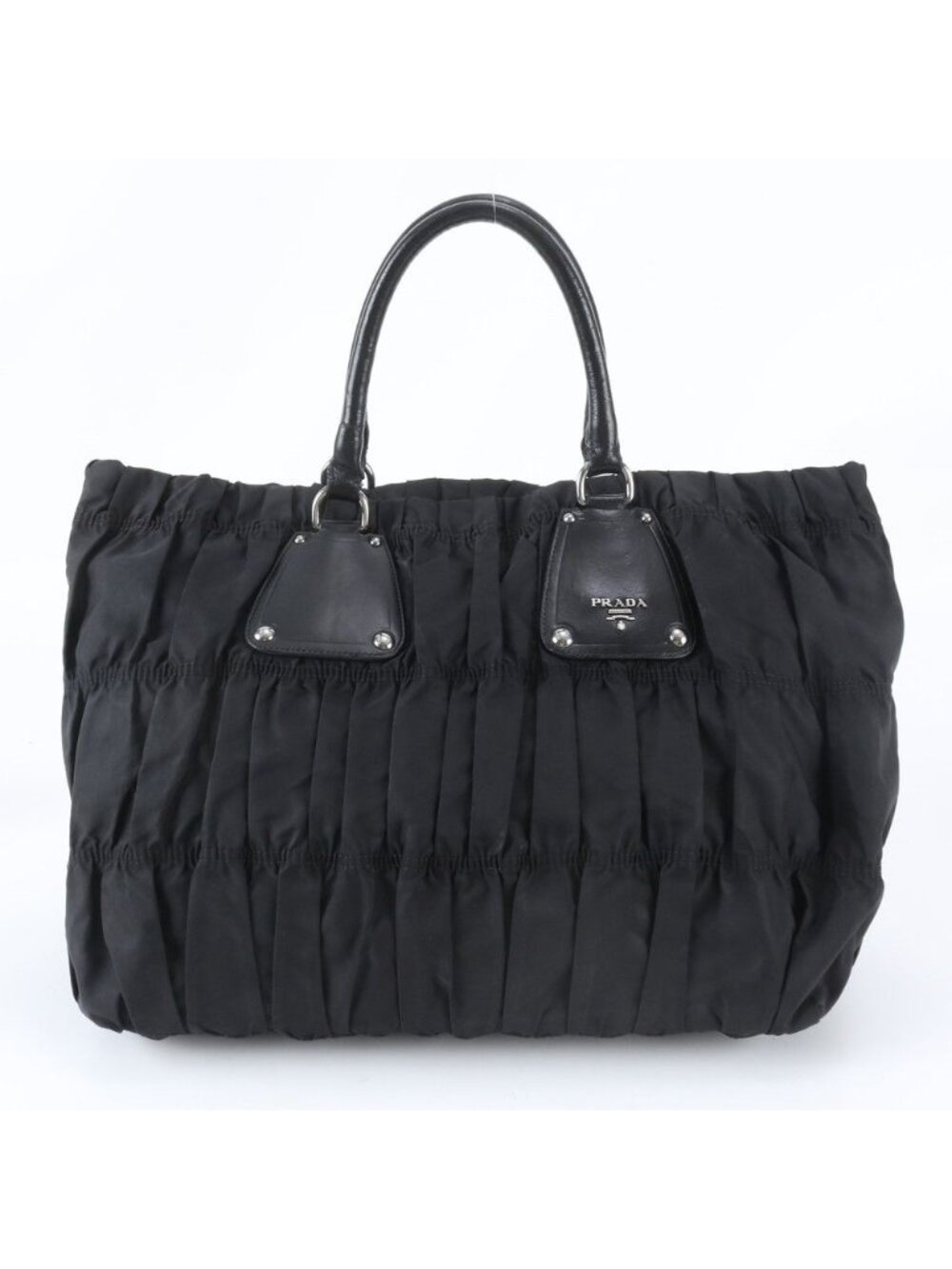 Prada Tessuto Nylon Gathered Leather Tote Bag Shoulder Black